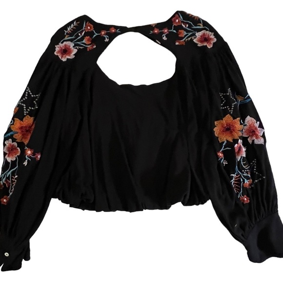 FREE PEOPLE Lita Embroidered Top Fairy Goth Cutout Balloon Sleeve Boho Black S - Picture 7 of 16